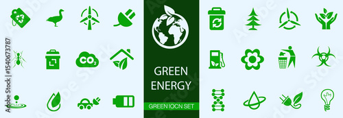 Green energy icon. Collection of solid vector icons on the theme of environment protection, ecology, renewable energy, bio battery, leaf.