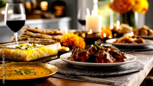 Indian Iftar dinner with various dishes and wine glasses.