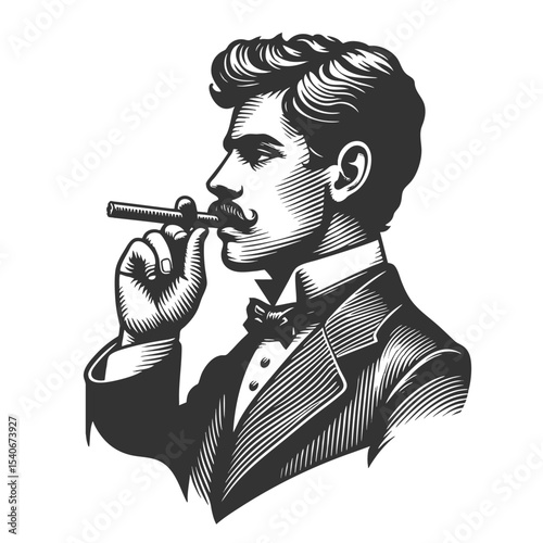 gentleman smoking cigar sketch engraving generative ai fictional character vector illustration. Scratch board imitation. Black and white image.