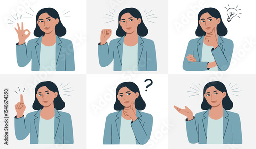 Woman with Various Expressions: Ideas, Questions, Solutions & Emotions Explained

