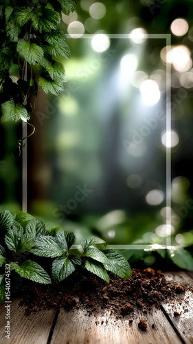 Green leafy plants frame an empty white rectangle on a wooden surface with a blurred natural background
