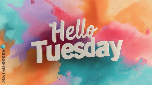 Colorful Watercolor Background with Hello Tuesday Text in 3D Style for Greeting Card