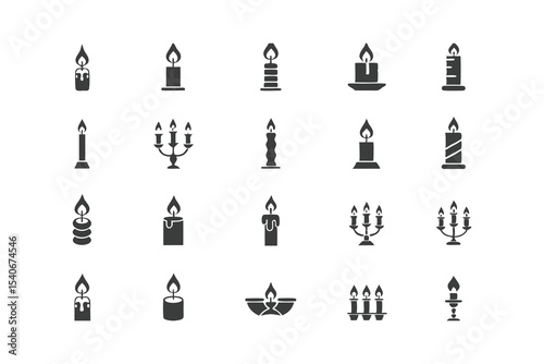 Sleek Black Candle and Candelabra Icons Vector Set for Ritual Aesthetics and Holiday Design Projects