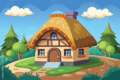 Charming Thatched-Roof Cottage Illustration A Picturesque Countryside Home