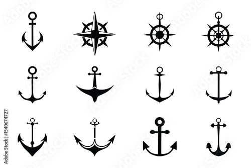 Timeless Black Anchor and Compass Icons Vector Set for Nautical Themes and Maritime Design Projects