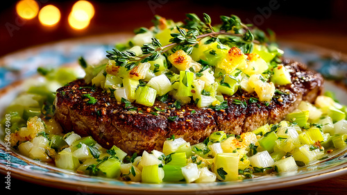 A close-up grilled steak with fresh celery and herb salsa, garnished with thyme.