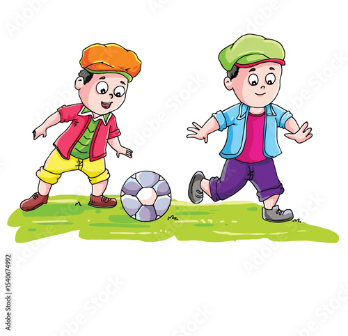 Cute cartoon hand drawn vector two boys kicking the football clipart.