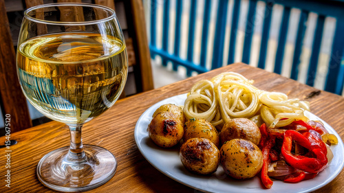 A glass of white wine with pasta, roasted potatoes, and red peppers.