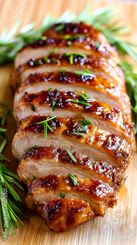 Close-up of a succulent, roasted pork tenderloin, expertly sliced and drizzled with a rich honey glazes on a wooden board.
