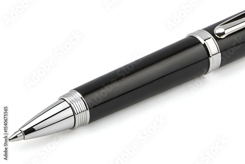 Black Ballpoint Pen with Silver Trim on White Background photo