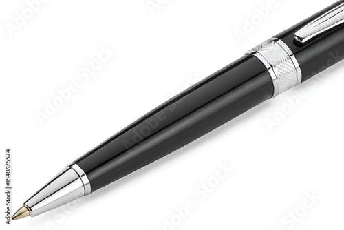 Black Ballpoint Pen with Silver Trim on White Background photo