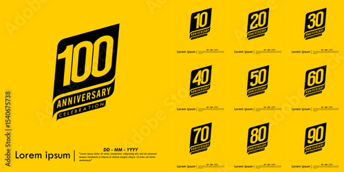 Set of 10-100th years anniversary celebration emblem. congratulations anniversary black logo isolated with ribbons on yellow background. vector illustration template design for web banner.