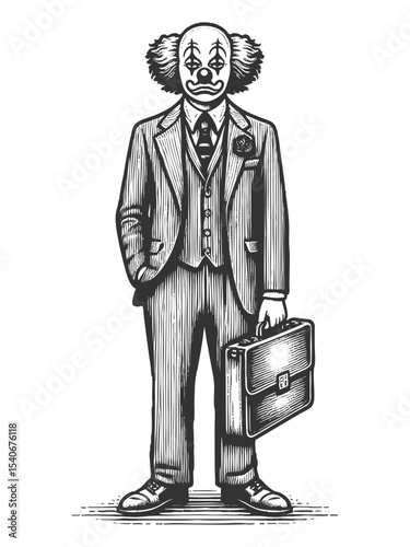 man in a business suit with a clown face, holding a briefcase in surreal contrast sketch engraving generative ai fictional character vector illustration. Scratch board imitation. Black and white.