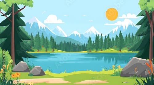 A beautiful cartoon vector illustration of a forest, with trees and a lake