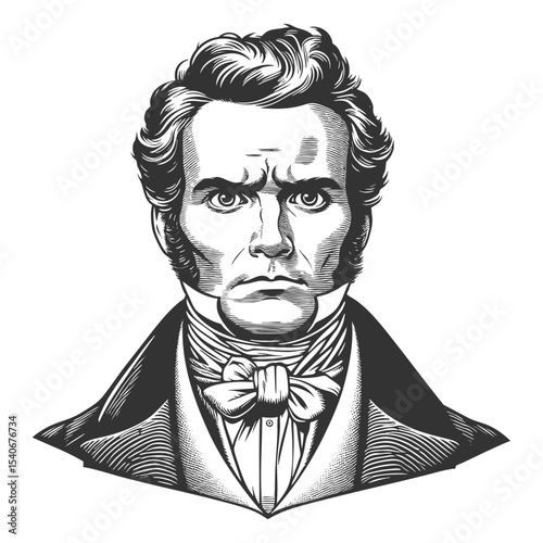stern, well-groomed Victorian man with a focused and intense facial expression sketch engraving generative ai fictional character vector illustration. Scratch board imitation. Black and white image.
