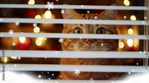 Ginger cat looking out window on a snowy winter day