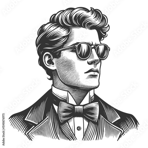 stylish man with slick hair, mustache, sunglasses, and vintage clothing in a confident pose sketch engraving generative ai fictional character vector illustration. Scratch board. Black and white.