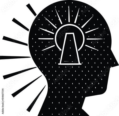 Head Icon with Light Rays and Encouragement Symbols vector silhouette illustration