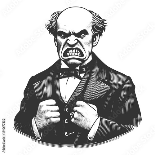 Funny elderly man in formal attire, baring teeth and clenching fists in frustration sketch engraving generative ai fictional character vector illustration. Scratch board imitation. Black and white.