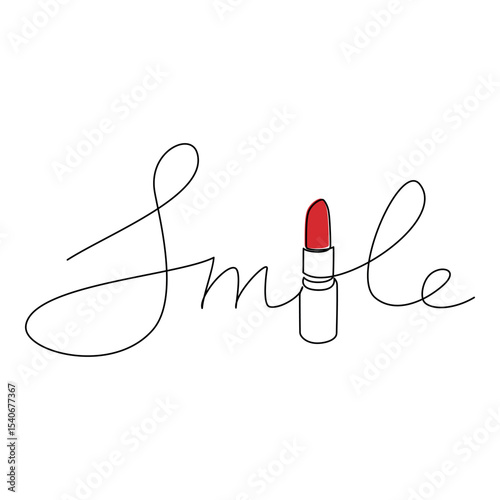 Hand written text Smile with red lipstick vector. One line continuous drawing. Beauty fashion icon, lettering, slogan, writing, quote, banner, card, poster, sign, cartoon illustration, love print.