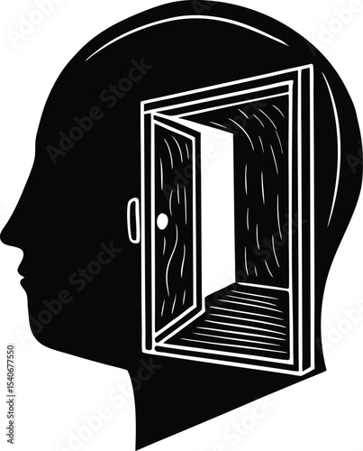 Head with Open Door Symbolizing Therapy and Healing vector silhouette illustration