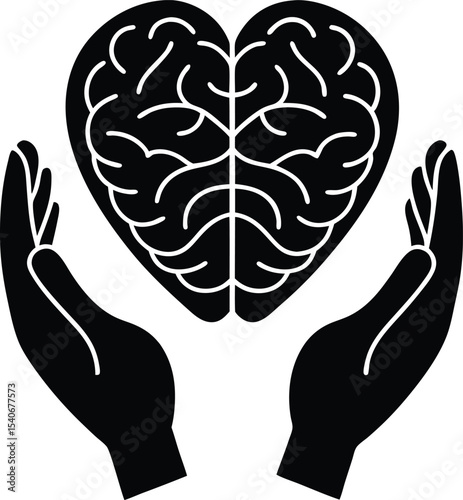 Heart and Brain Connected by Hands for Emotional Balance vector silhouette illustration