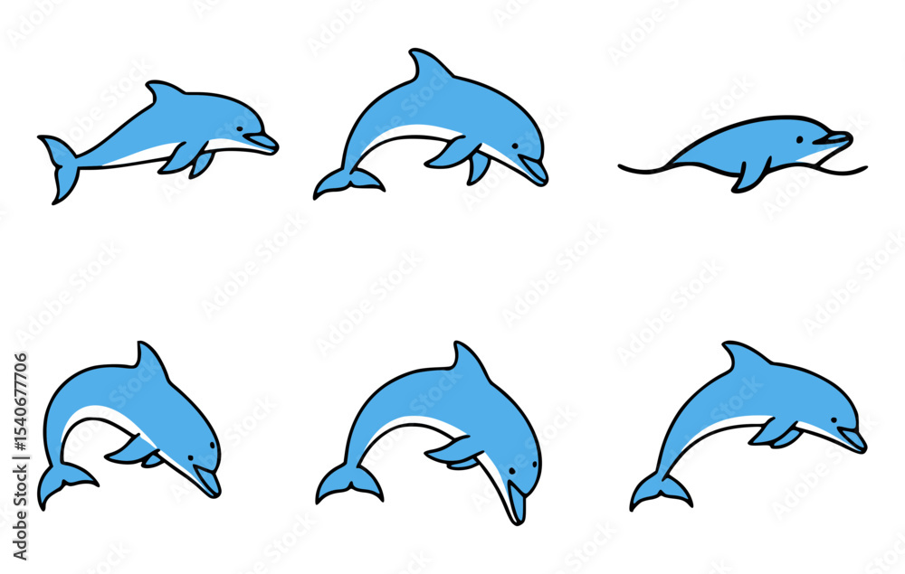 Fototapeta Set of cartoon blue dolphin in various poses swimming on background