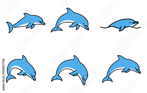 Set of cartoon blue dolphin in various poses swimming on background