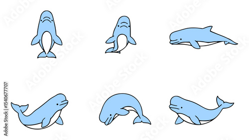 A collection of charming cartoon beluga whale showcasing diverse poses and expressions. Delightful for educational or playful content