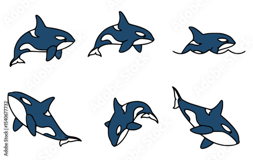 Collection of six playful Orcas in various poses, the magnificent marine mammals showcasing their distinct black and white patterns 