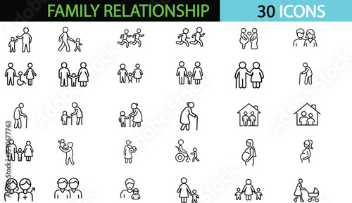 Family, relationship icon set. Vector glyph pictograms of couple, parent, child, elderly people, pregnancy, parenting, community, single mother, vector illustration
