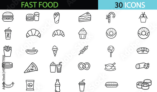 Fast food set of web icons in line style. Food and drink linear icon collection. Containing burger, pizza, hot dog, French fries, kabab, ice cream, coffee, donut, vector illustration
