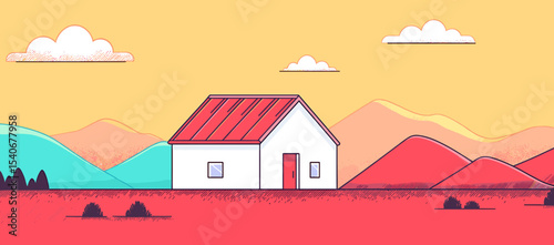 Cartoon house with red roof, door, and window in a colorful landscape