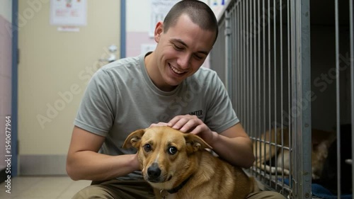 Man petting dog in shelter happy companion animal care bonding
