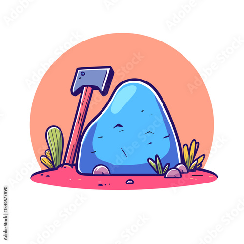 Cartoonish blue boulder with an axe, desert plants, and pink ground