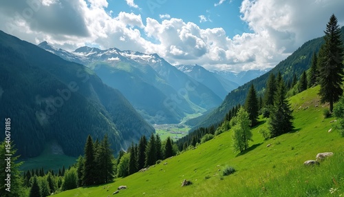 Aerial photo of Swiss Alps nature landscape with green forest hills, blue sky, fluffy clouds. Summer vacation scenic travel background. Natural idyll scene, european beauty.