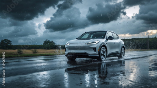 Electric vehicle driving on wet road during heavy rain