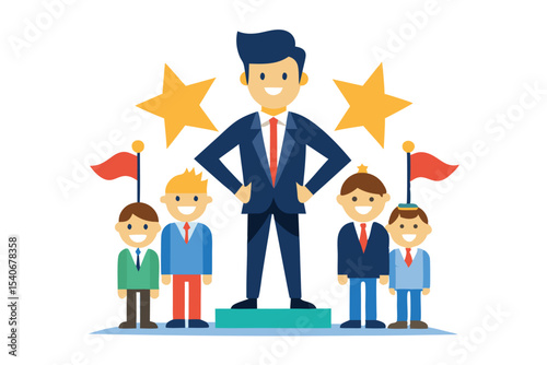 Business Leader on Podium Surrounded by Stars and Team Members Celebrating Success Together