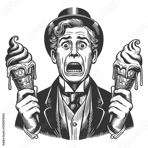 Funny gentleman looking horrified while holding two melting ice cream cones sketch engraving generative ai fictional character vector illustration. Scratch board imitation. Black and white image.