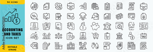  Accounting and taxes line icons collection. Big UI icon set in a flat design. Thin outline icons pack. Vector illustration EPS10