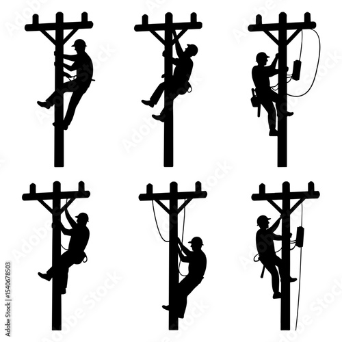Silhouettes of linemen working on utility poles