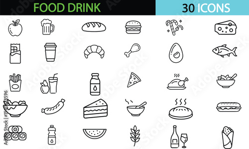 Food and drink set of web icons in line style. Restaurant linear icon collection. Containing meat, fruits, vegetables, desserts, drink, burger, pizza. vector illustration 
