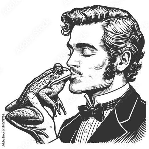 man in formal attire kissing a frog, referencing the classic fairy tale transformation myth sketch engraving generative ai fictional character vector illustration. Scratch board. Black and white.