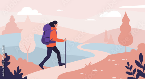 Flat vector showing a woman hiking up a trail