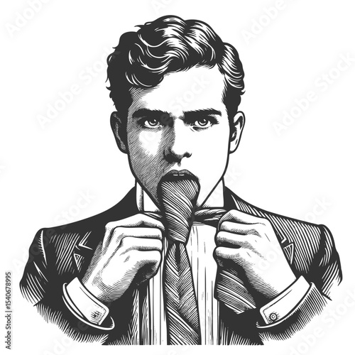 man humorously trying to eat his necktie, blending surrealism with vintage fashion sketch engraving generative ai fictional character vector illustration. Scratch board imitation. Black and white.