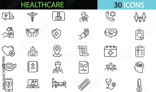 Healthcare set of web icons in line style. Medicine and Health Care linear icon collection. Containing emergency, doctor, treatment, medical, report, diagnosis, health. vector illustration
