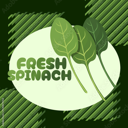 Fresh Spinach Day to celebrate on July 16th. Several spinach leaves and bold text in oval frame on dark green background. Vegetable event banner.