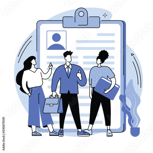 Three People Reviewing Resume Application Clipboard Blue Tones