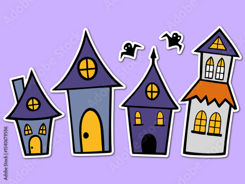 A big collection of Collection of halloween stickers. Spooky haunted house with cute ghosts 