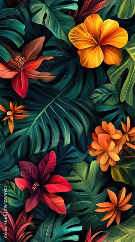 Flowers and foliage background. Tropical leaves and colorful flowers on foliage nature background.
